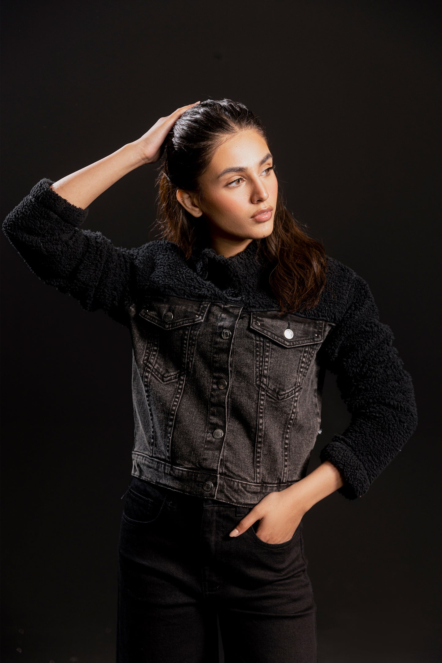 Semi Faux Fur and Denim Jacket (Black)