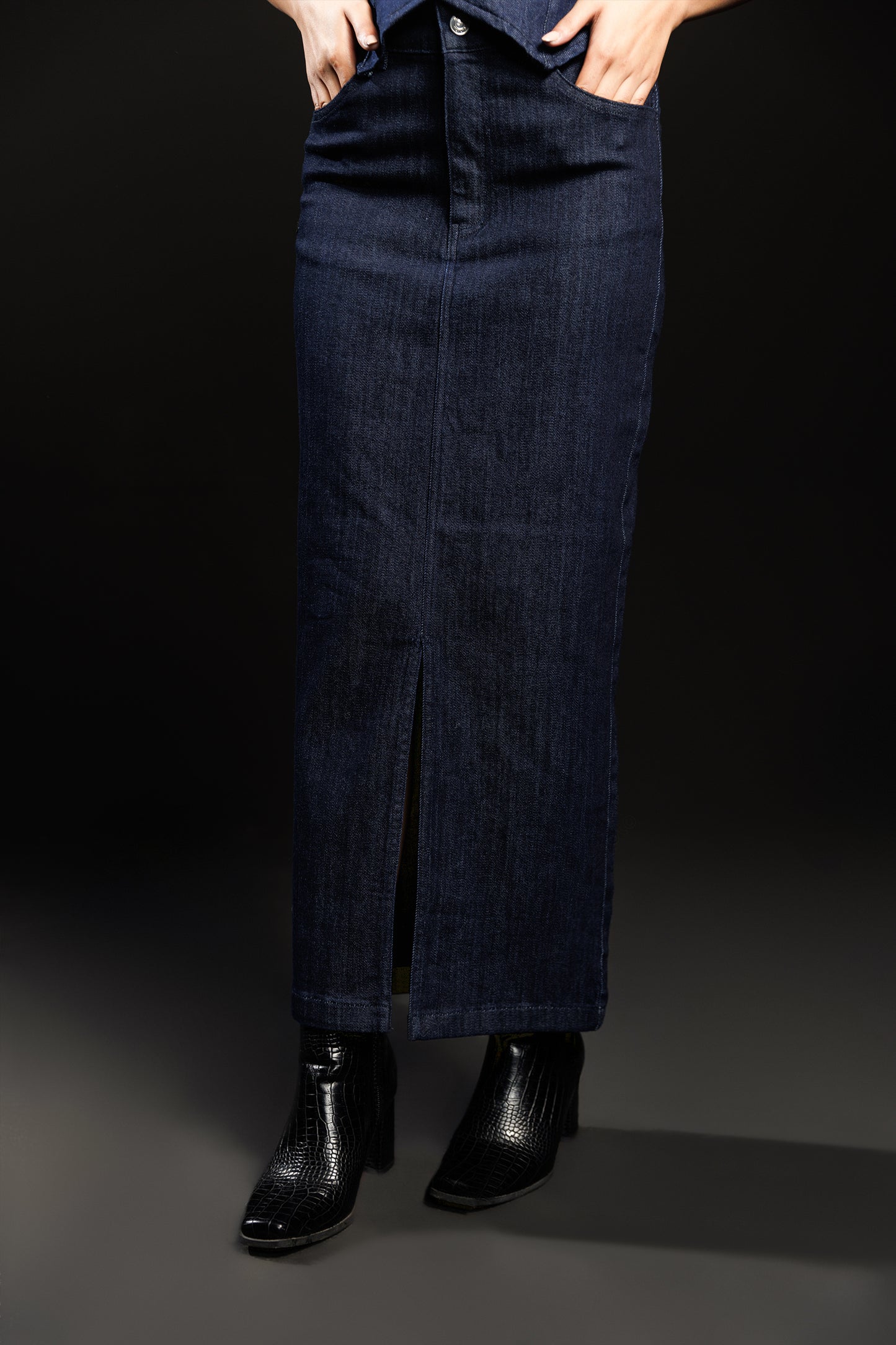 Denim Pencil Skirt with Front Slit