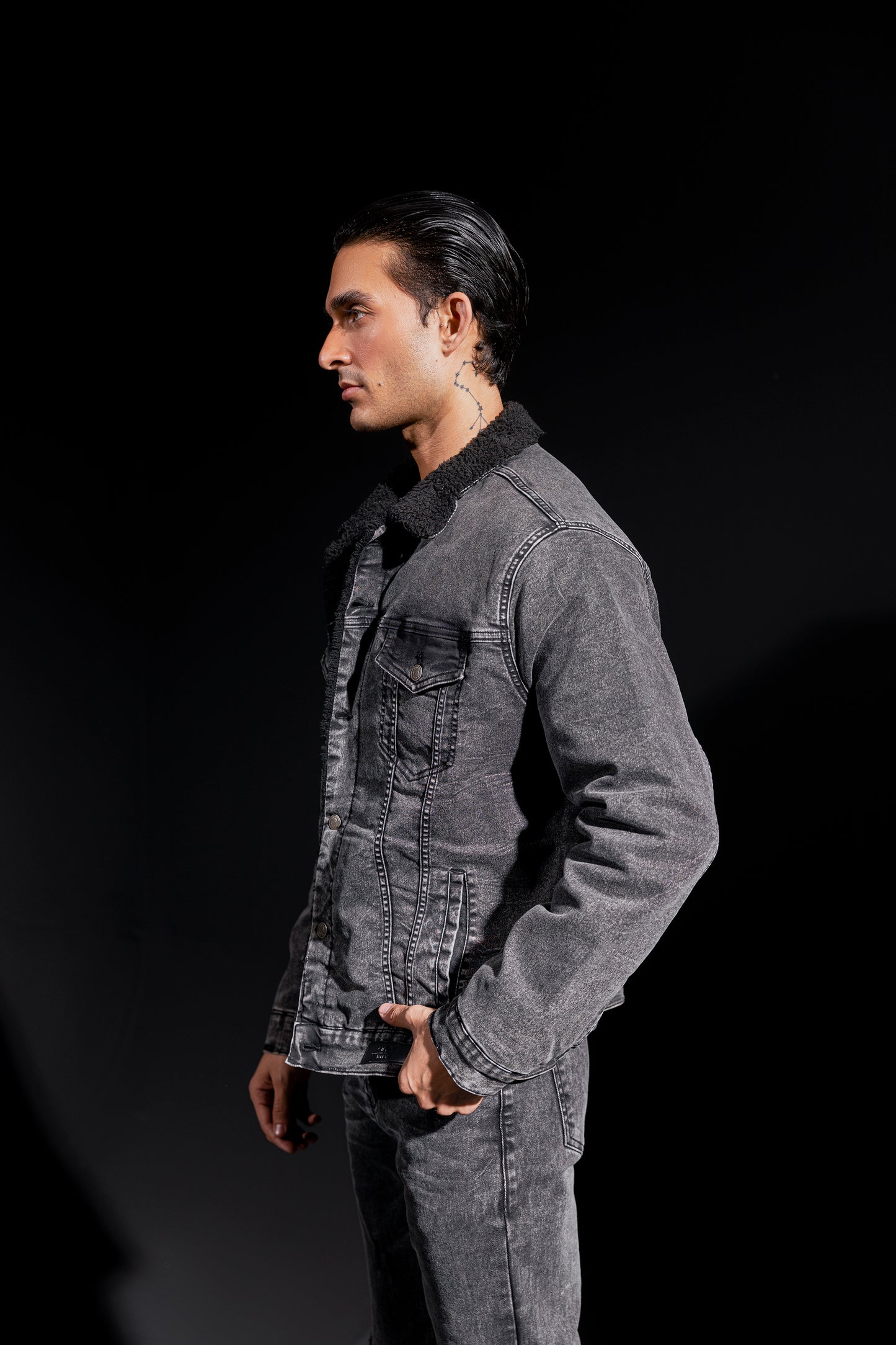 Semi Faux Fur and Denim Stone Washed Jacket (Charcoal Black)