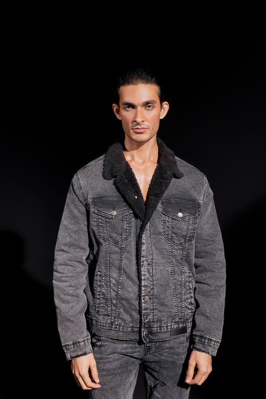 Semi Faux Fur and Denim Stone Washed Jacket (Charcoal Black)