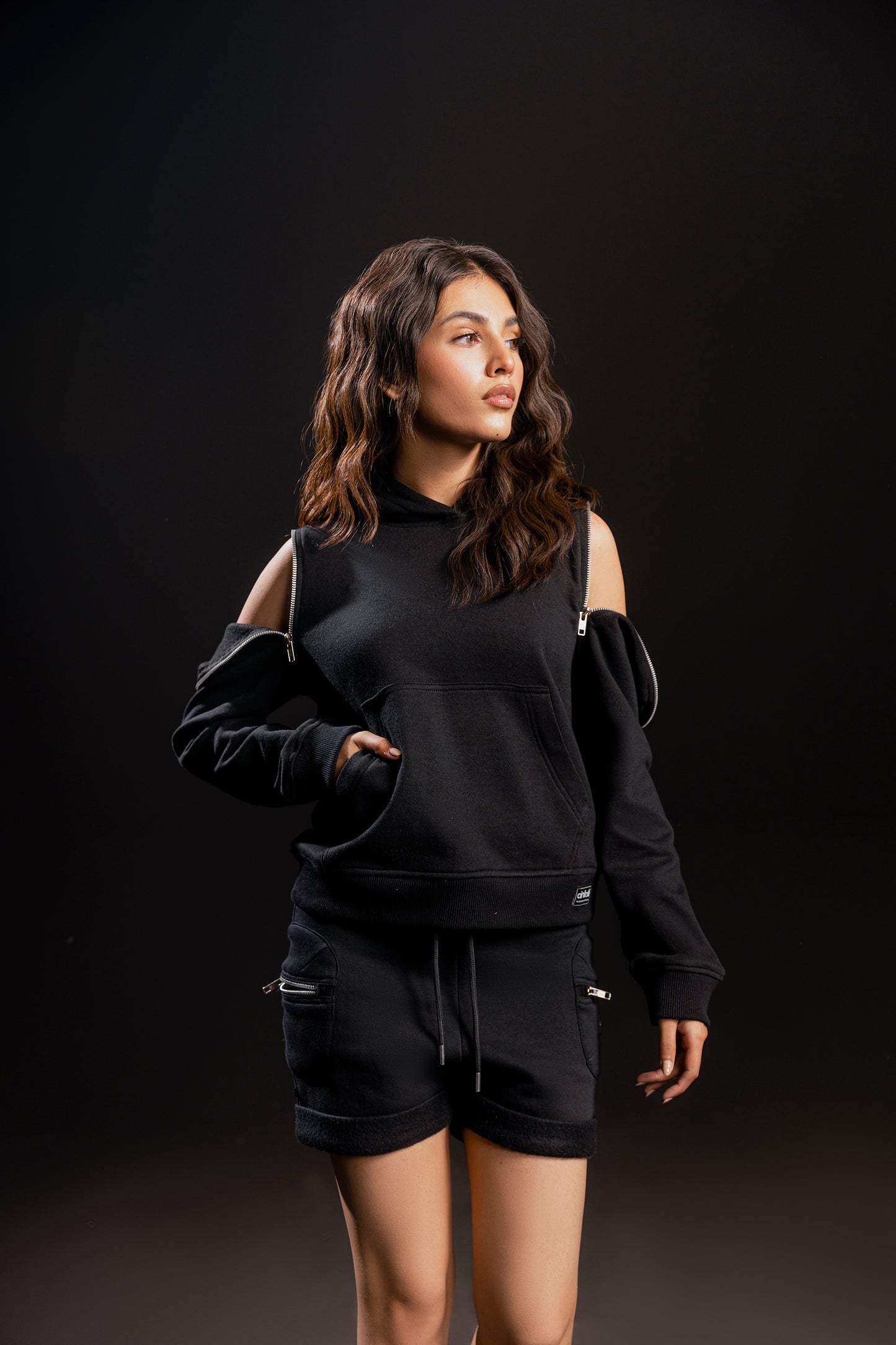 Zip Down Cold-Shoulder Hoodie (Black)