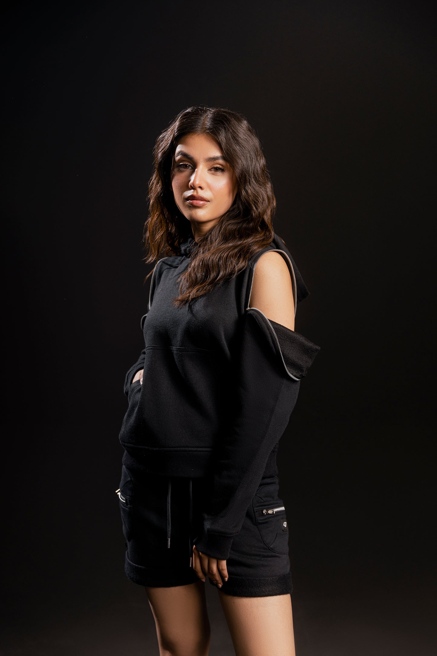 Zip Down Cold-Shoulder Hoodie (Black)