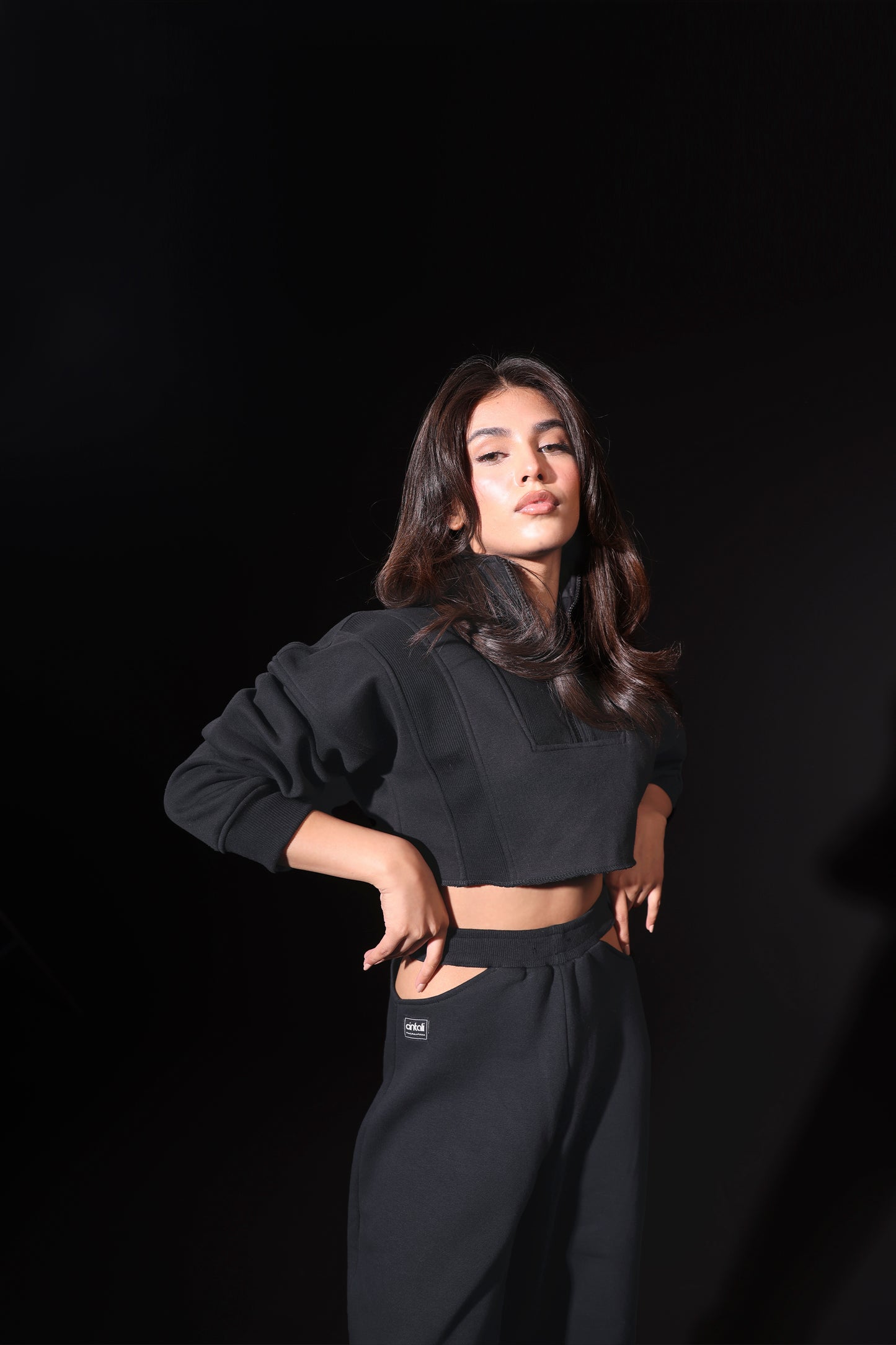 Semi Rib and Fleece Crop Top (Black)