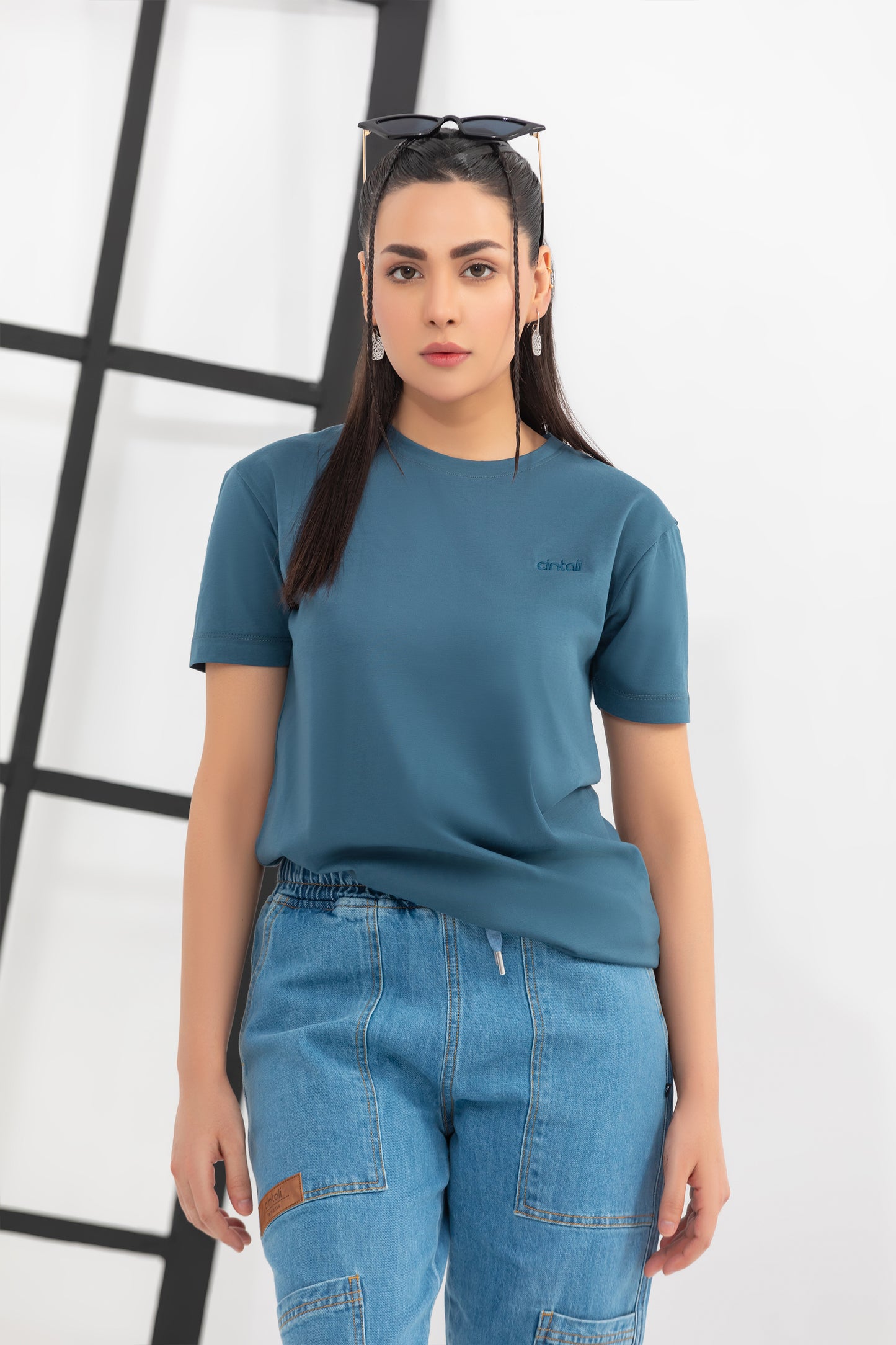 Teal Blue Regular-Fit Crew Neck