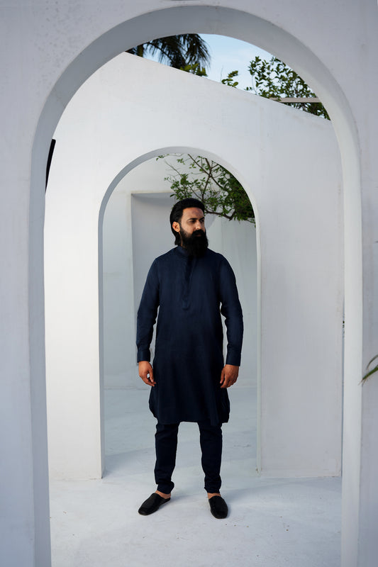 NAVY TONAL PRINT KURTA & TROUSER