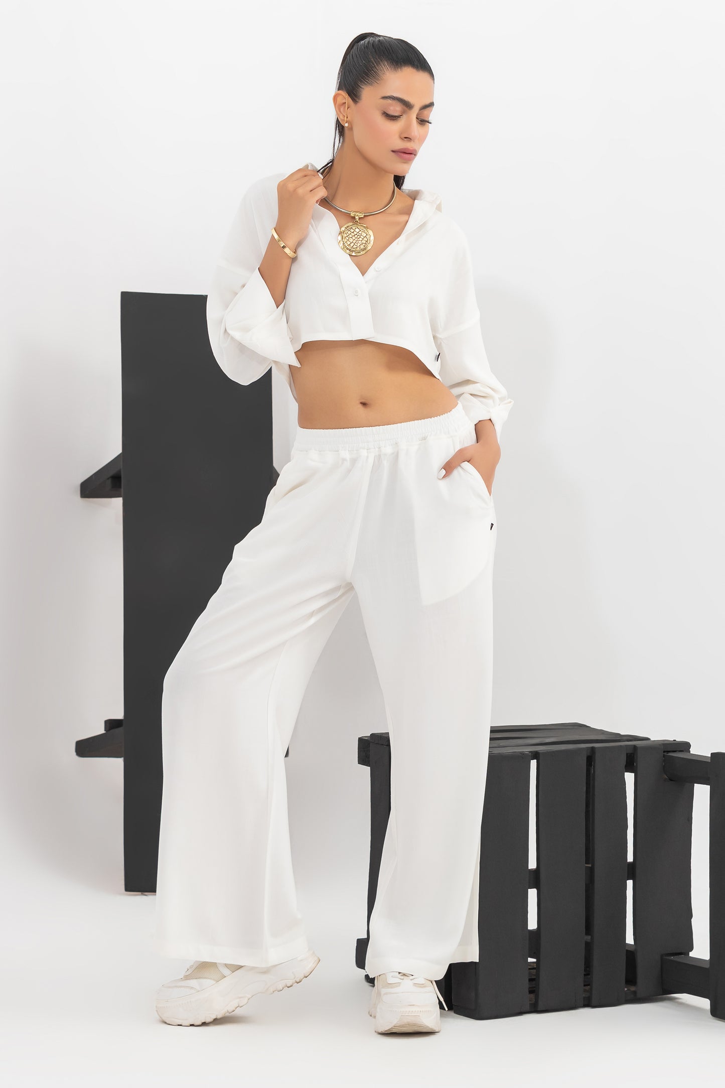 White Crop Solid Coordset - 2pcs