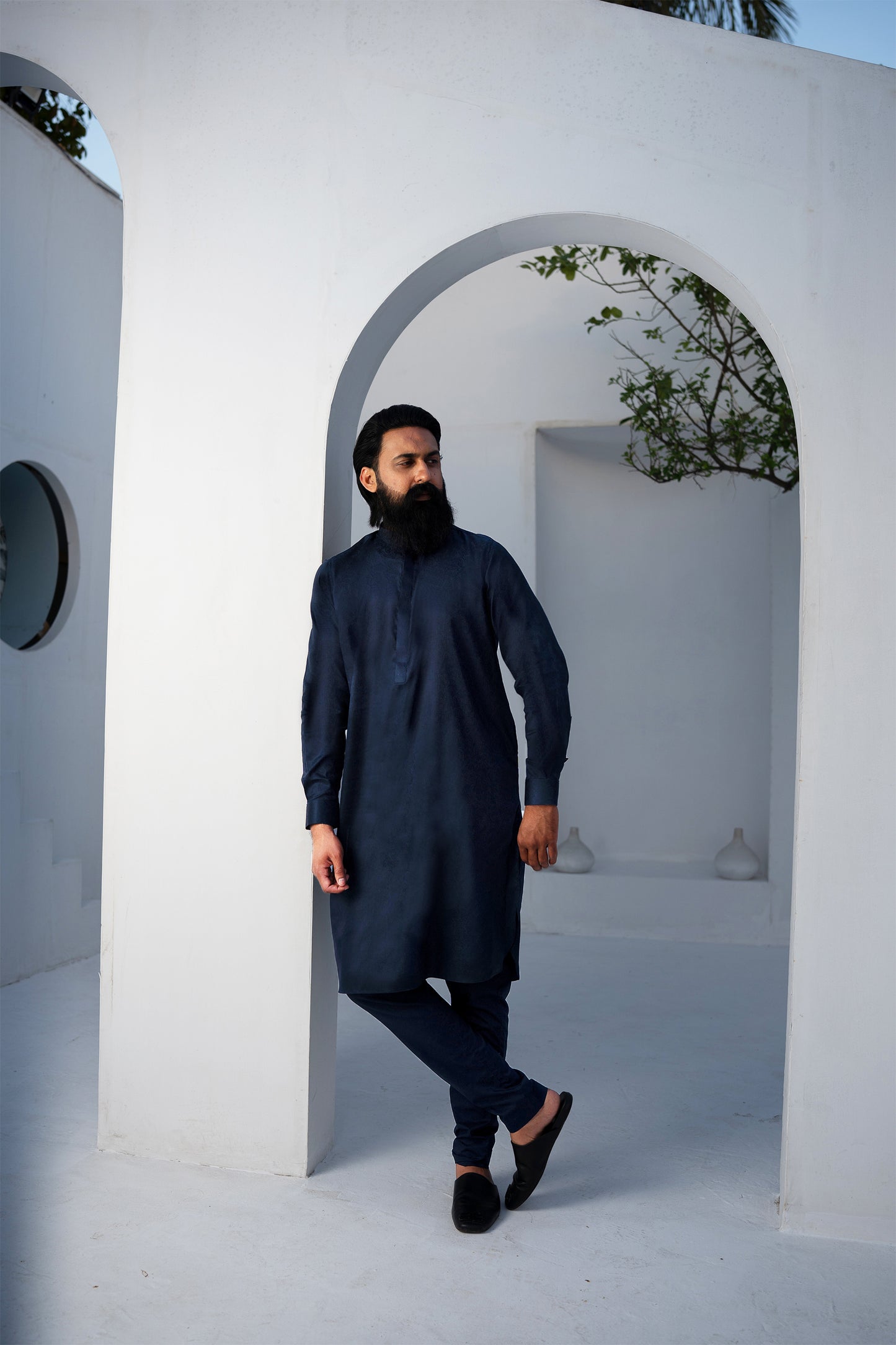 NAVY TONAL PRINT KURTA & TROUSER