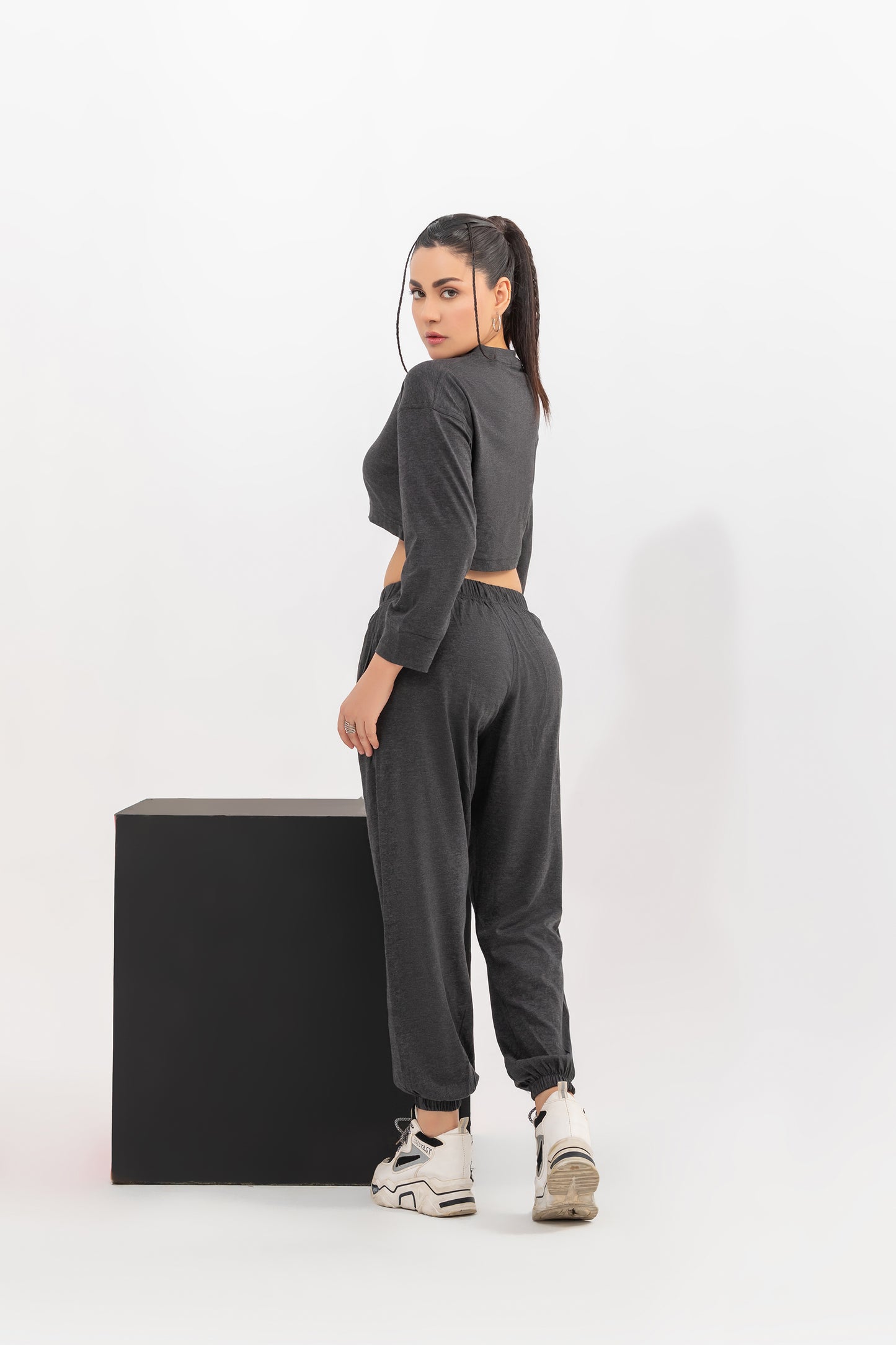 Charcoal Grey Solid Cropped Coordset