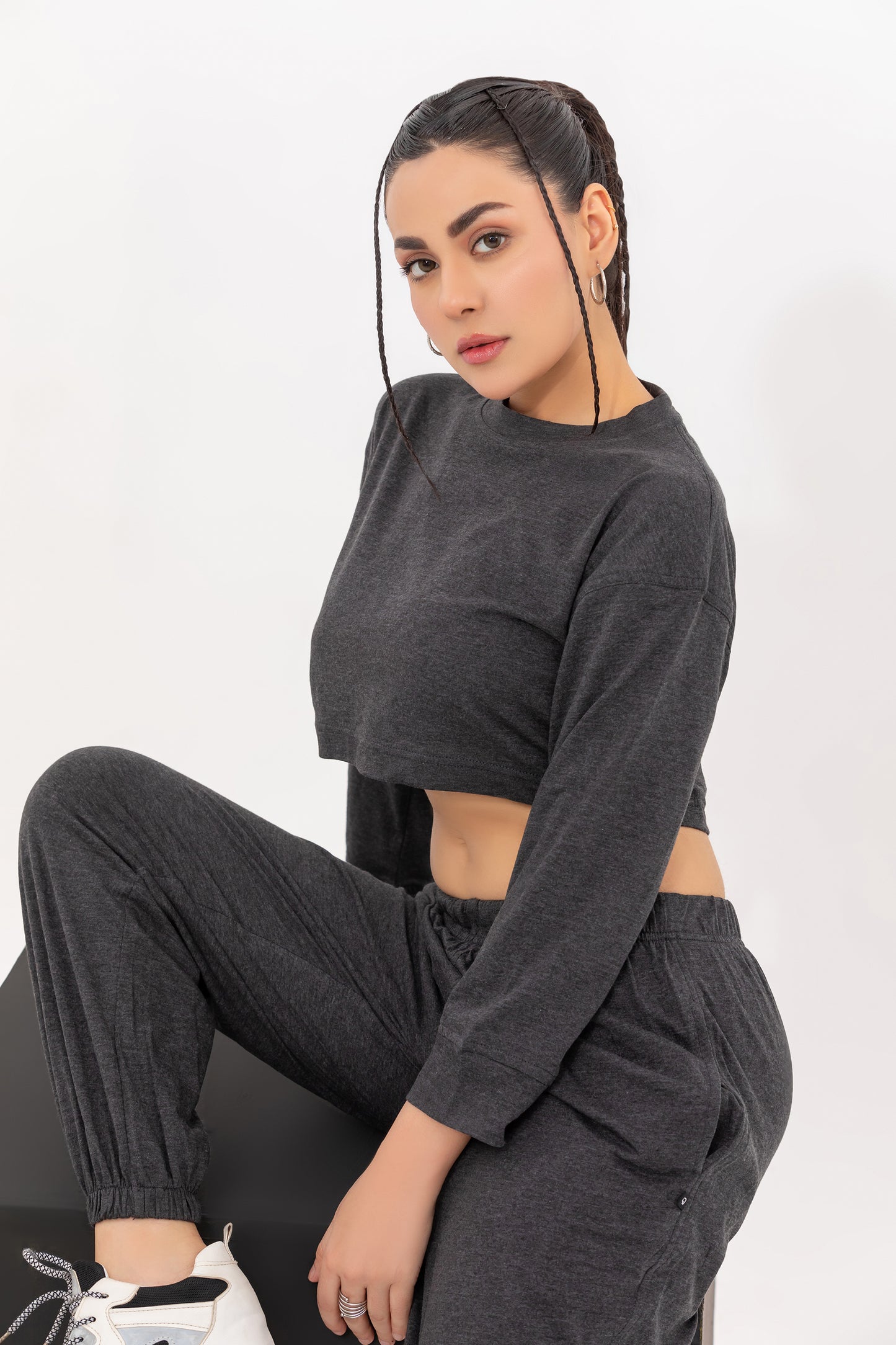 Charcoal Grey Solid Cropped Coordset