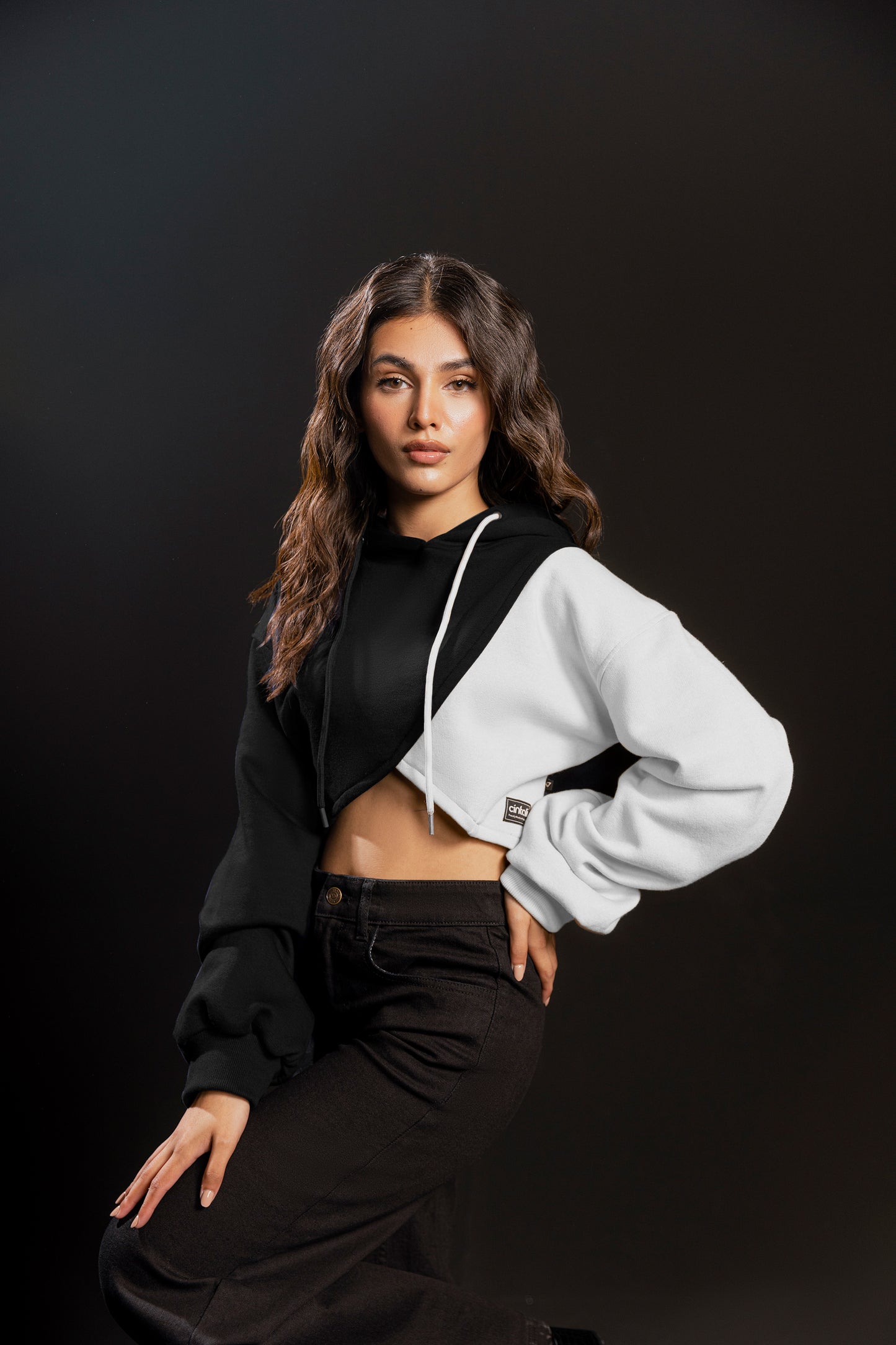 Asymmetrical Drop Shoulder Hoodie (Black & White)