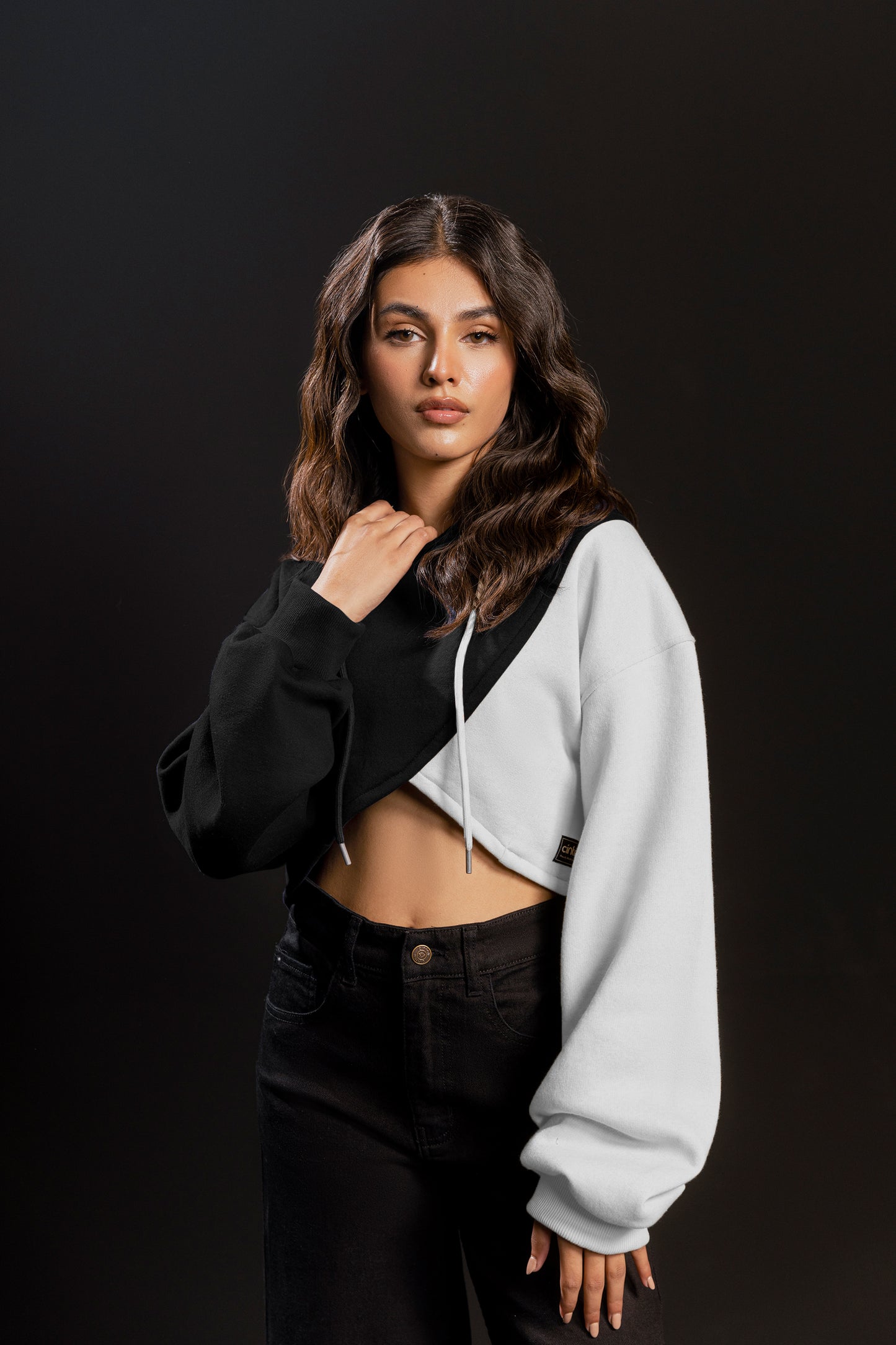 Asymmetrical Drop Shoulder Hoodie (Black & White)