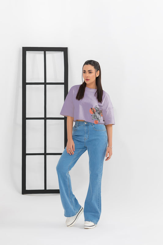 Azaad Collection - Tranquil Blossoms - Oversize Crop Graphic Shirt (Lilac)