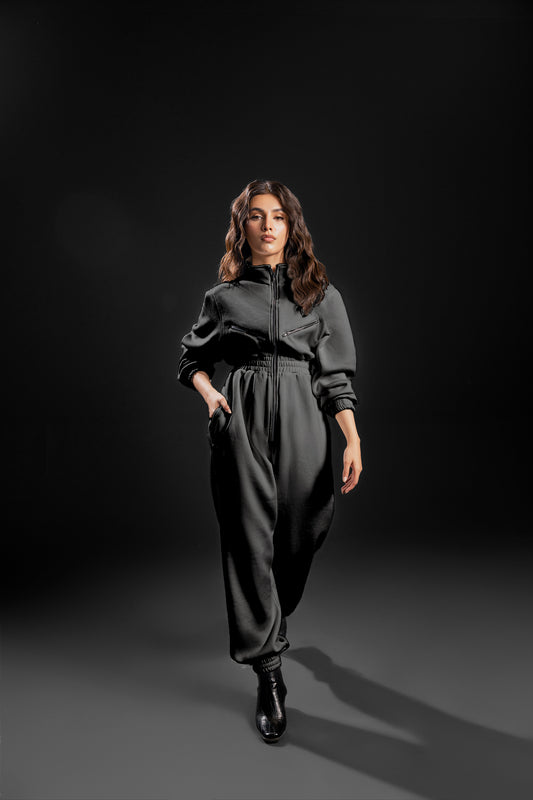 High Neck Zip Up Jumpsuit (Black)