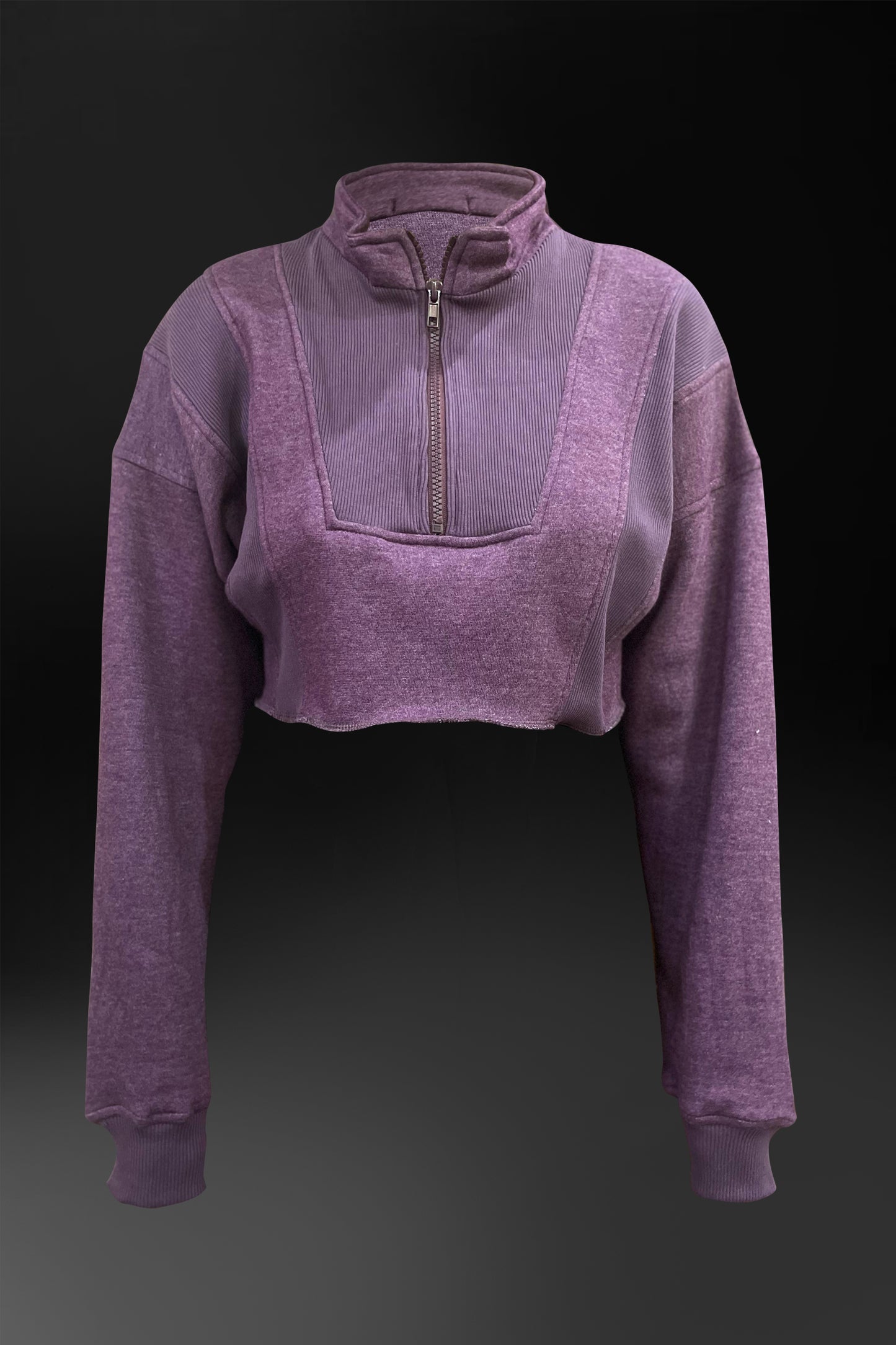 Semi Rib and Fleece Crop Top (Melange Purple)