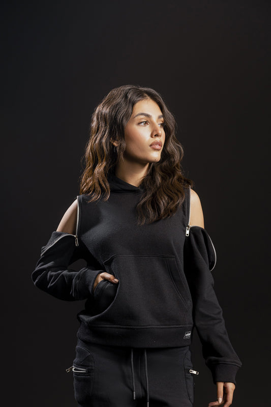 Zip Down Cold-Shoulder Hoodie (Black)