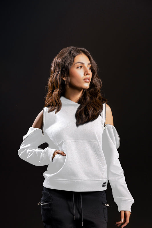 Zip Down Cold-Shoulder Hoodie (White)