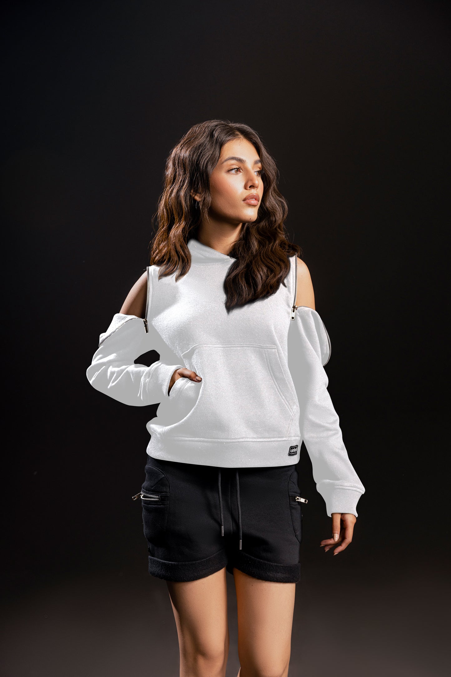 Zip Down Cold-Shoulder Hoodie (White)