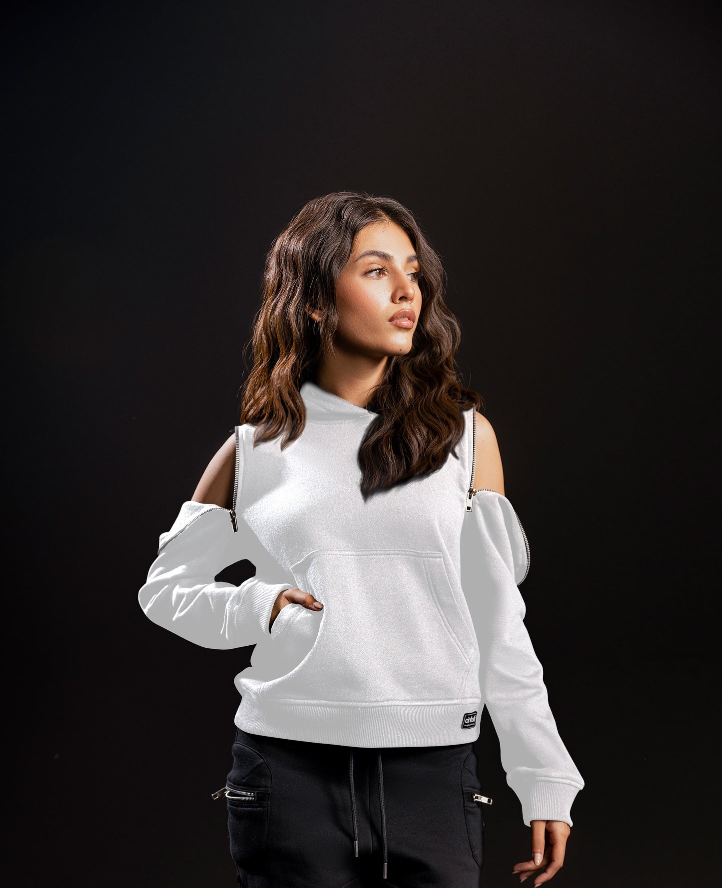 Zip Down Cold-Shoulder Hoodie (White)