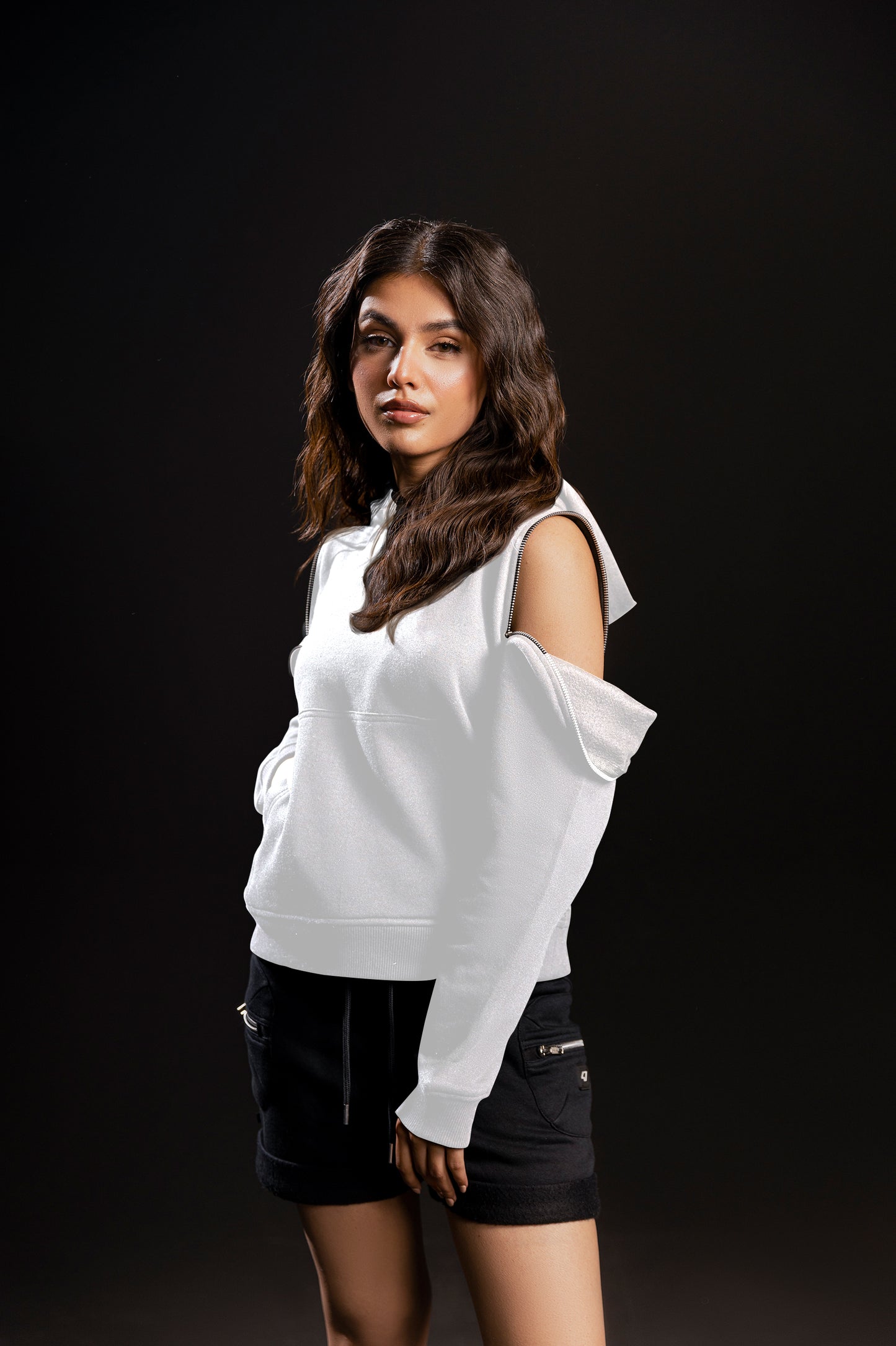 Zip Down Cold-Shoulder Hoodie (White)