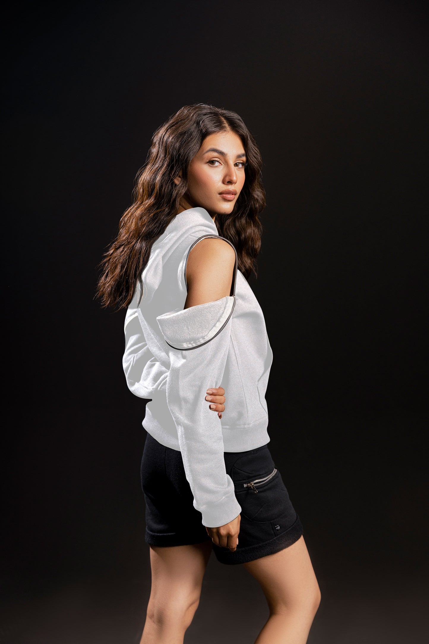 Zip Down Cold-Shoulder Hoodie (White)